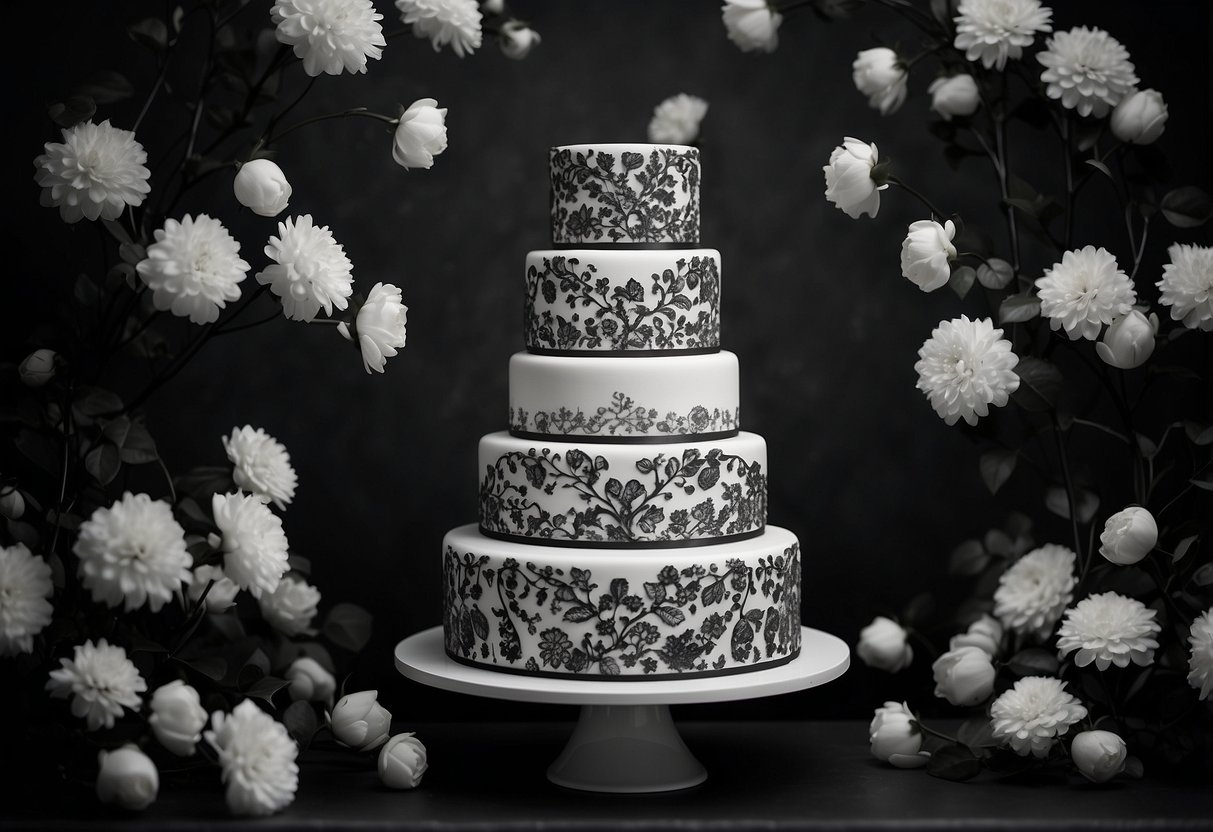 A tiered wedding cake adorned with intricate botanical designs in black and white, featuring delicate flowers, leaves, and vines cascading down the sides