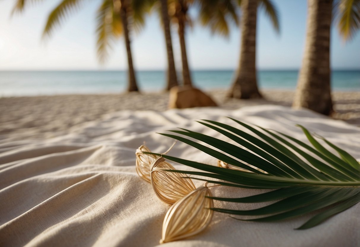 A sandy beach with palm trees, a gentle breeze, and a table adorned with elegant palm leaf invitations for a beach wedding on a budget