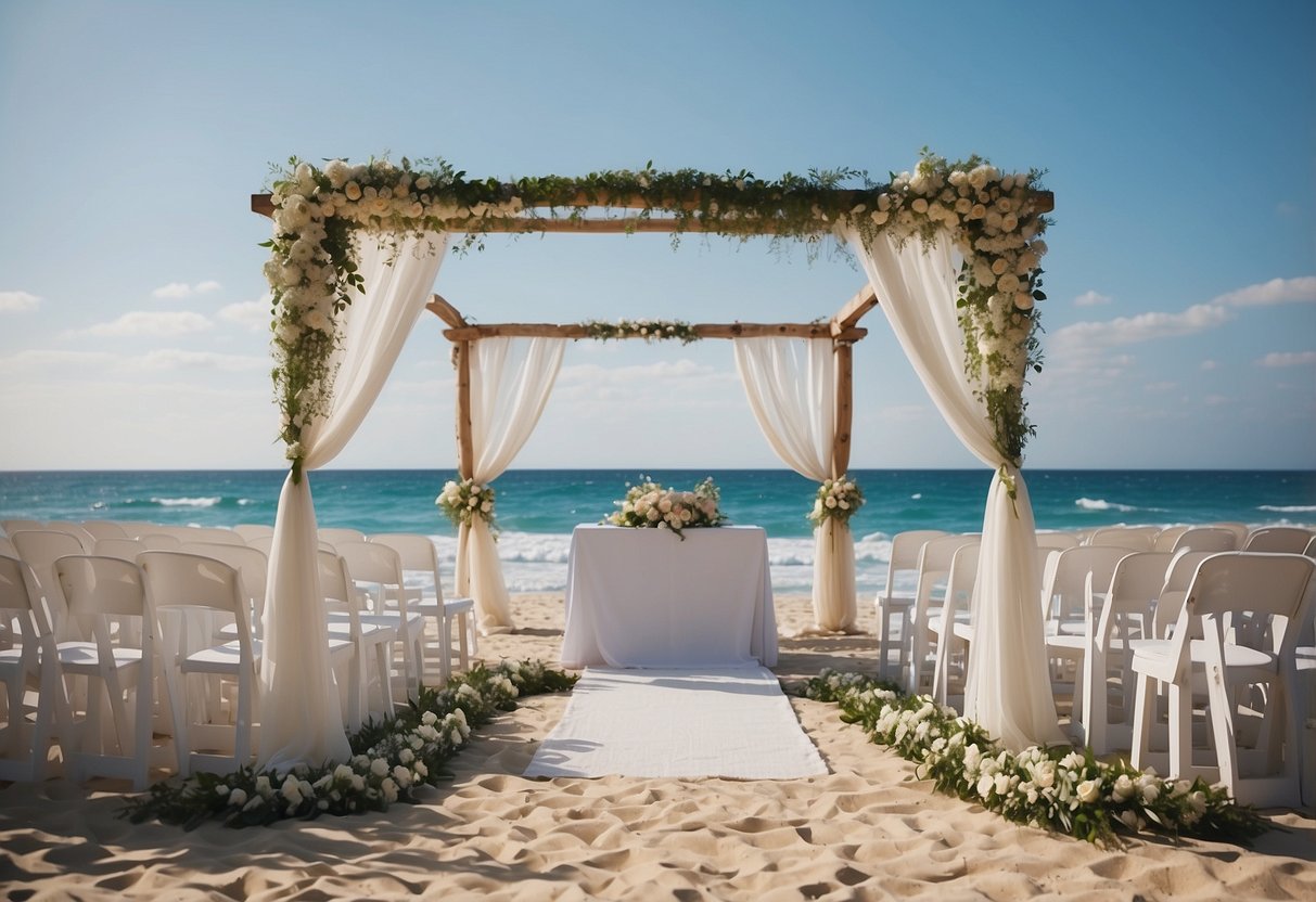 A serene beach with billowing linen backdrops, set against a budget-friendly wedding ceremony