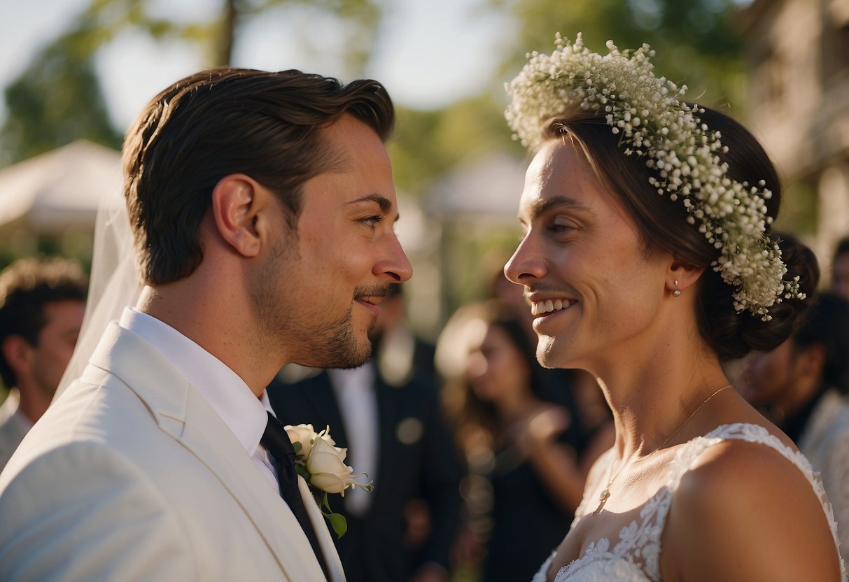 The officiant pronounces, "You may kiss the bride," as the newlyweds lean in for a tender kiss