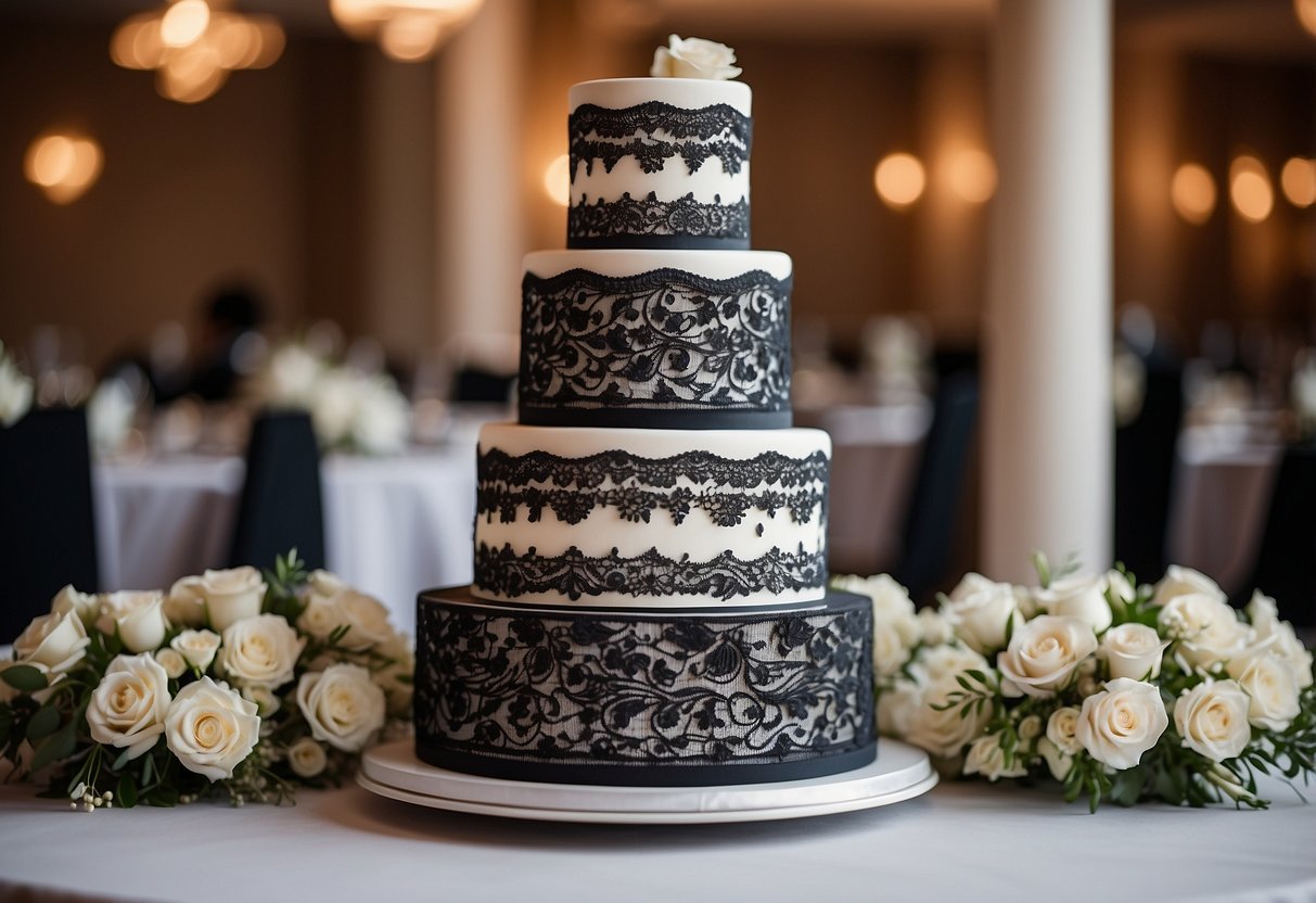 A three-tiered wedding cake with alternating black and white layers, adorned with intricate lace patterns and elegant floral designs