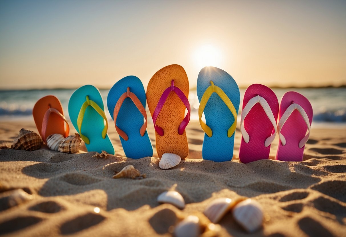 A sandy beach with colorful flip flops lined up in the sand, surrounded by seashells and beach-themed decorations. The sun is setting in the background, casting a warm glow over the scene