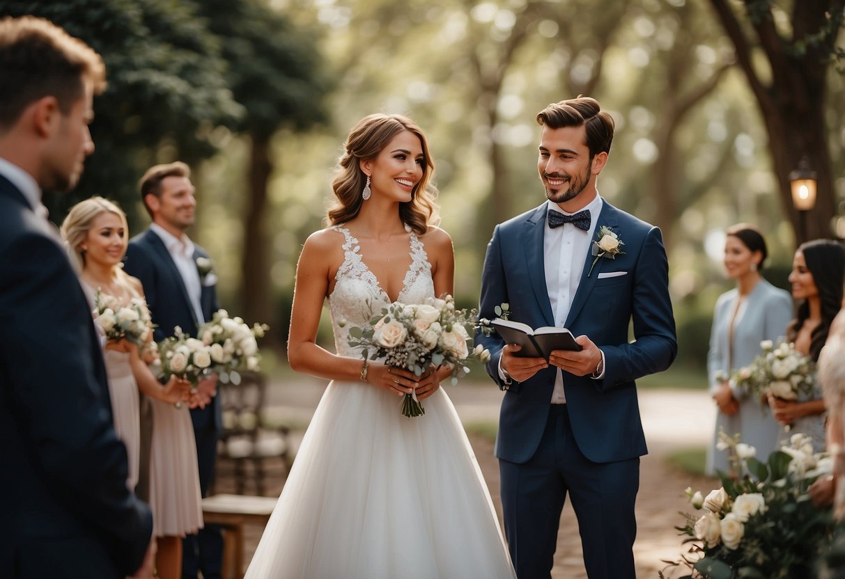 A person reciting wedding vows, ring present