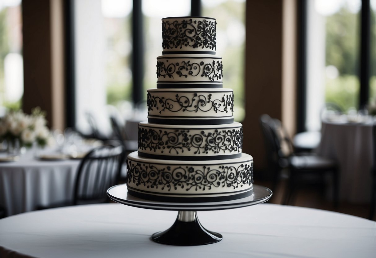 A sleek, tiered wedding cake stands on a table. Delicate black and white icing swirls around each layer, accented with elegant floral or geometric designs