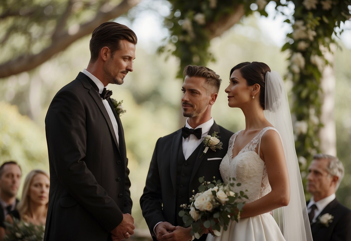 A couple stands before an officiant, reciting legal wedding vows with solemn expressions. The officiant's voice is firm as they declare the importance of the vows, emphasizing the significance of the words spoken