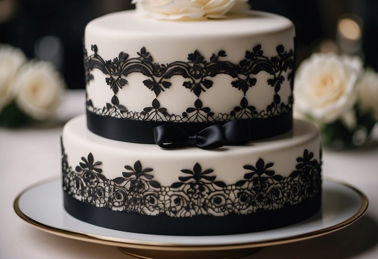 A tiered wedding cake adorned with personalized black and white designs, such as monogrammed initials, lace patterns, and delicate floral accents