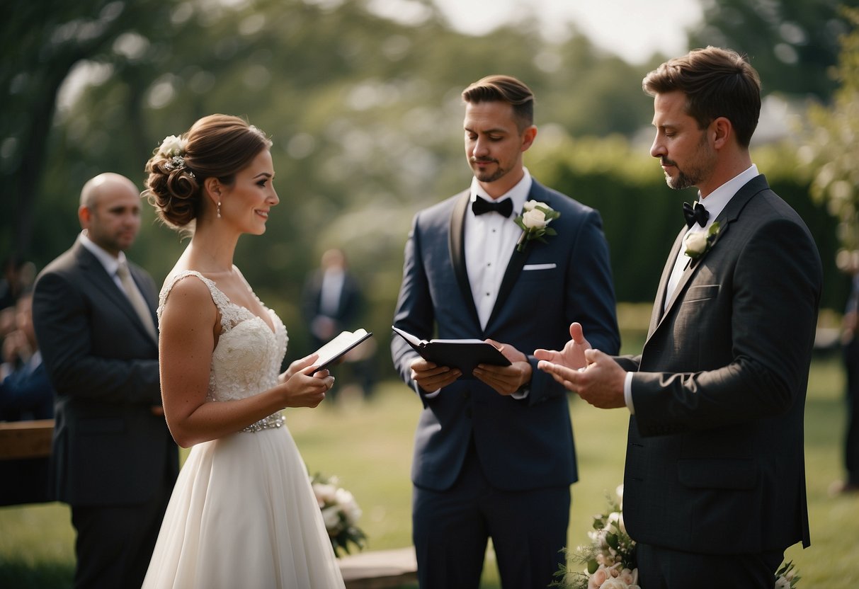 Wedding vows being exchanged, officiant speaking the legally required words