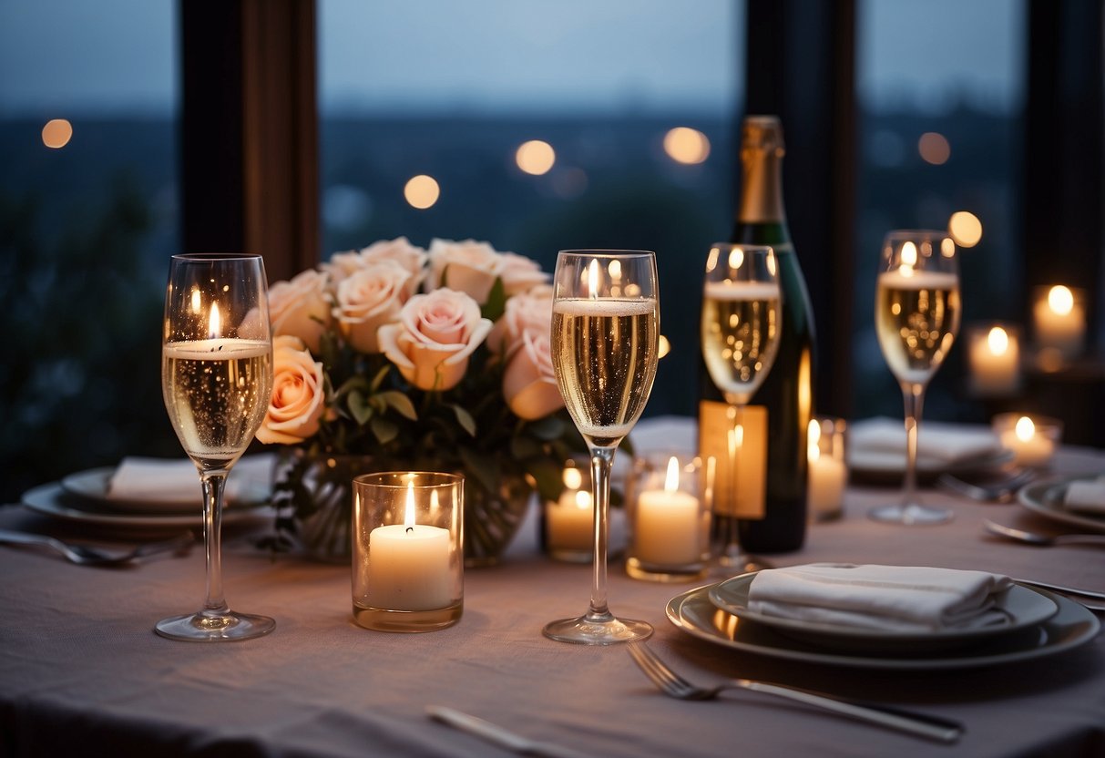 A romantic dinner setting with candles, roses, and champagne. A couple's wedding photo displayed in a beautiful frame