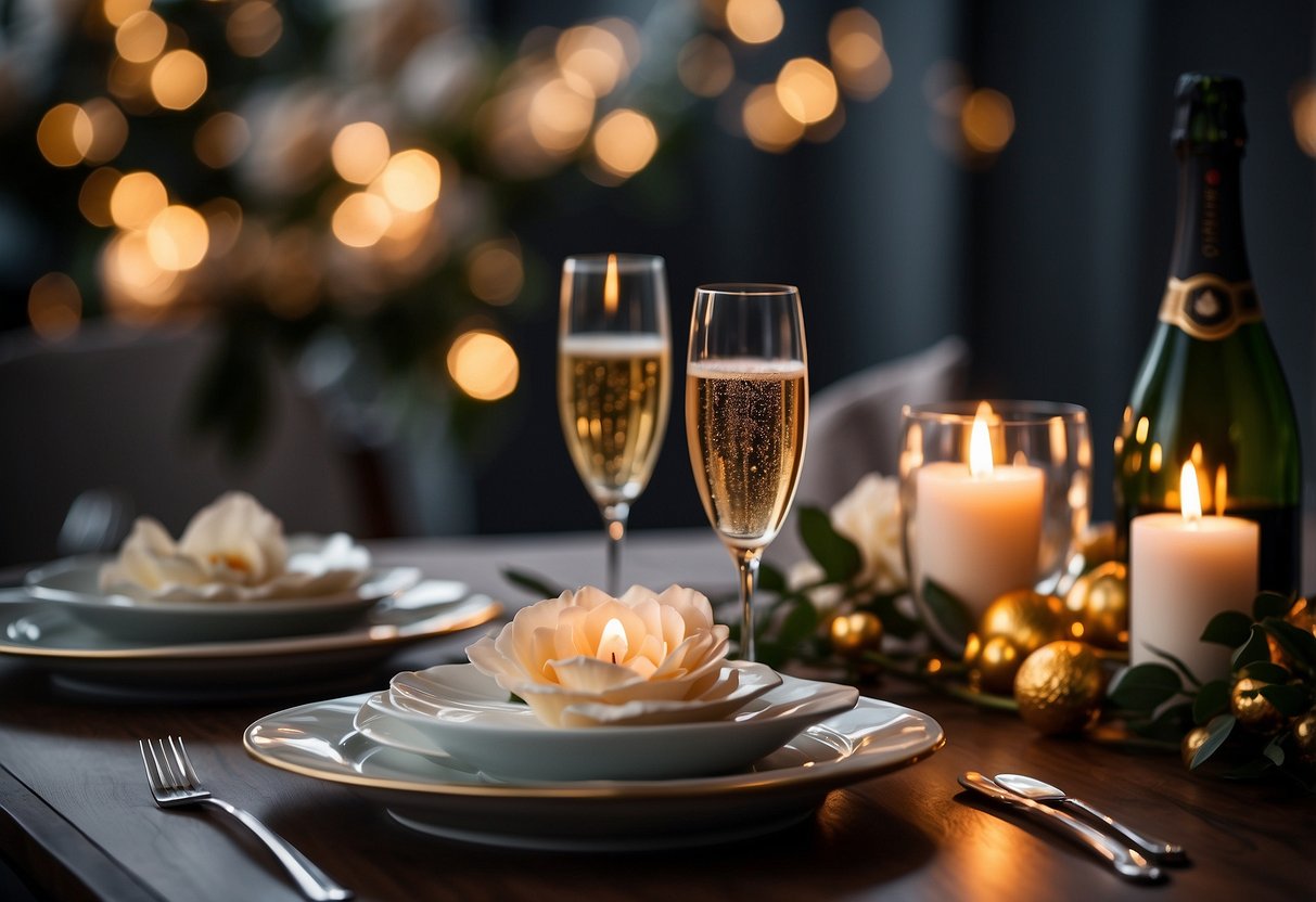 A romantic dinner set up with candles, flowers, and elegant tableware. A bottle of champagne chilling in an ice bucket. A gift-wrapped box with a ribbon on the table