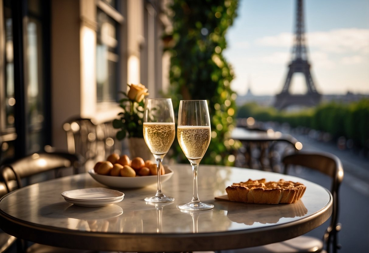 A charming Parisian street cafe, with a view of the Eiffel Tower in the background. A couple's table set with champagne, roses, and a view of the bustling city