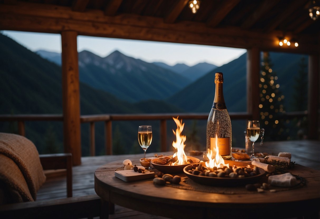 A cozy cabin nestled in the mountains, with a crackling fire and a hot tub under the stars. Rose petals scattered on the bed and a bottle of champagne chilling on the table