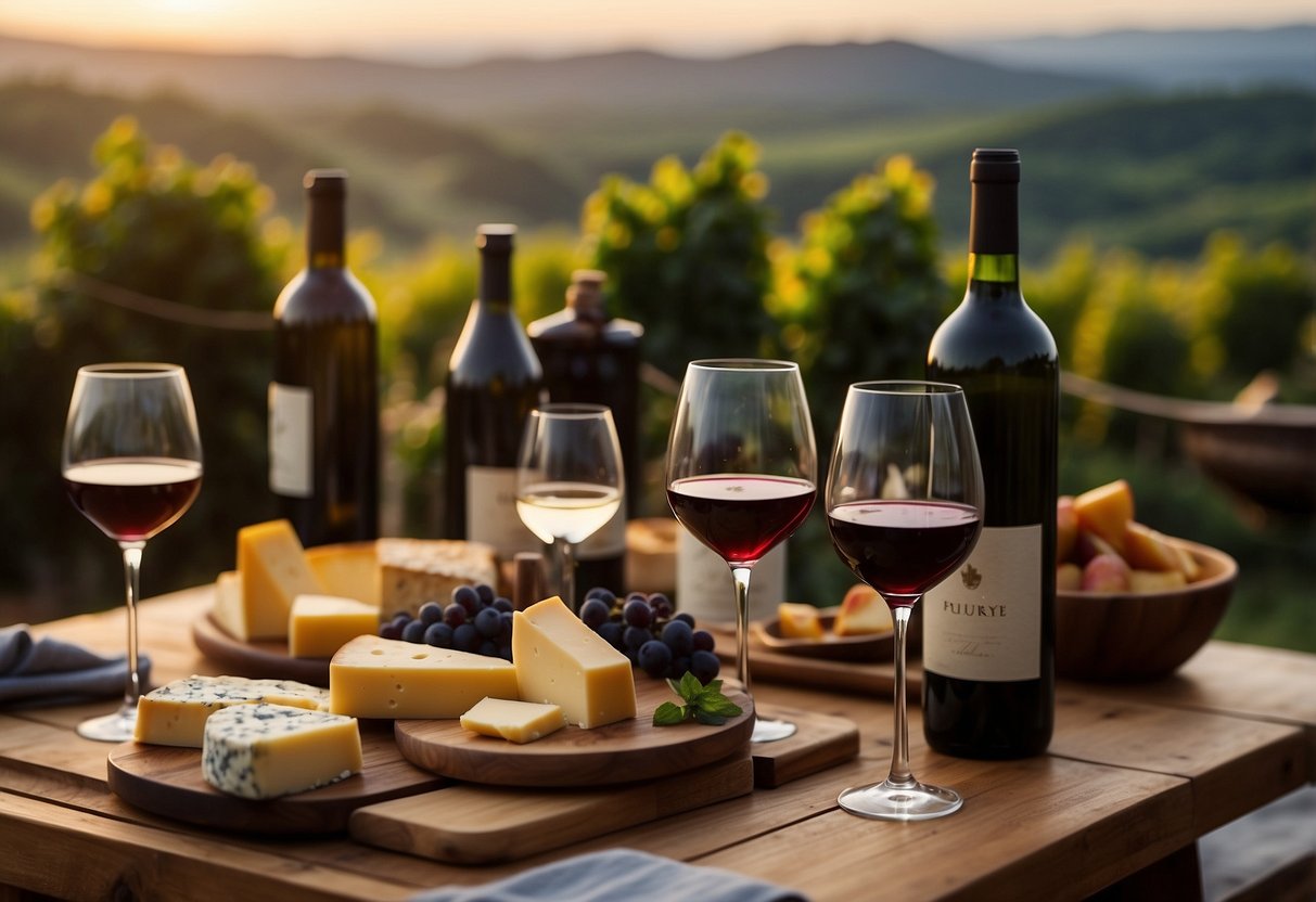 A table set with various wine bottles, glasses, and cheese platters. A cozy fireplace and scenic vineyard view in the background