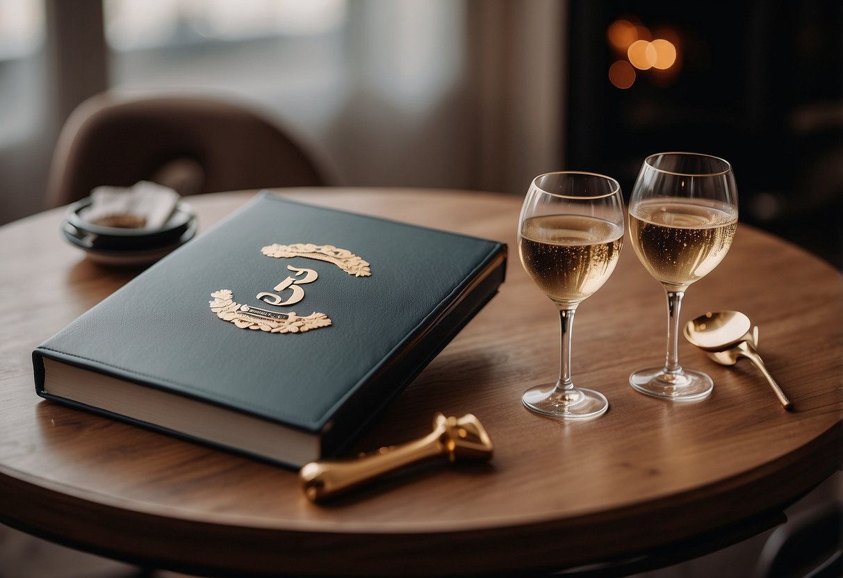 A photo album with "13th Anniversary" embossed on the cover sits on a table, surrounded by scattered photos and a pair of champagne glasses