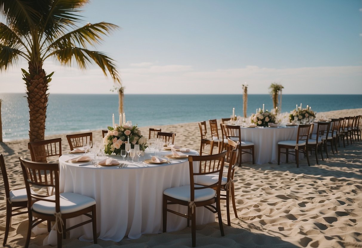 A beach wedding setup with simple, elegant decor and a budget-friendly food and beverage station