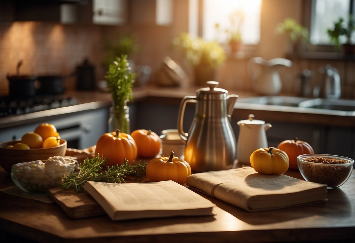 A cozy kitchen with two sets of ingredients, utensils, and a recipe book open on the counter. A warm, inviting atmosphere with soft lighting and a hint of romance