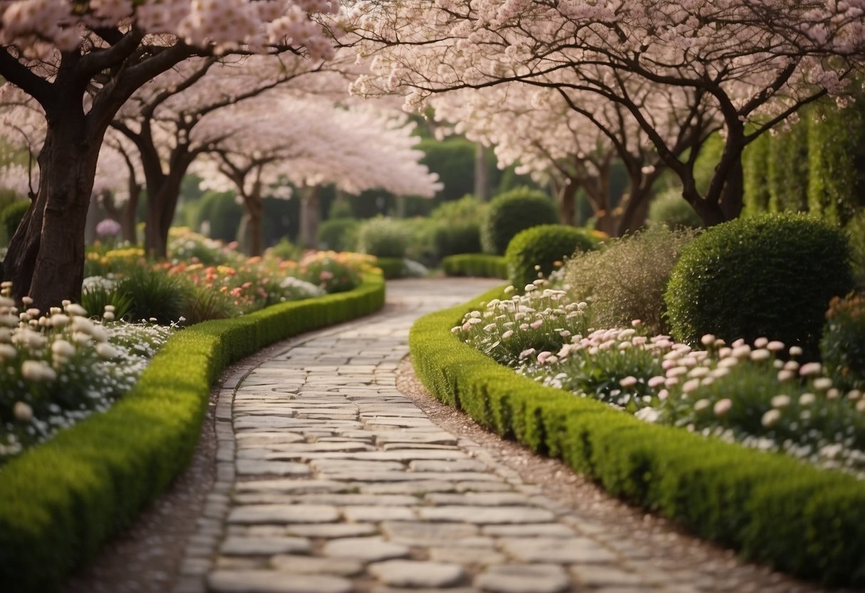 A serene garden with a winding path, blooming flowers, and two intertwined trees, symbolizing enduring love and the passage of time