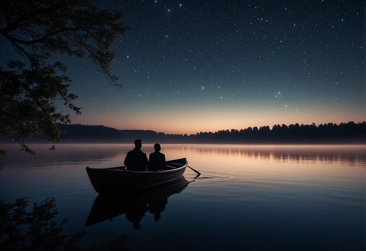 A couple glides in a boat under a moonlit sky, surrounded by shimmering water and the silhouette of distant trees