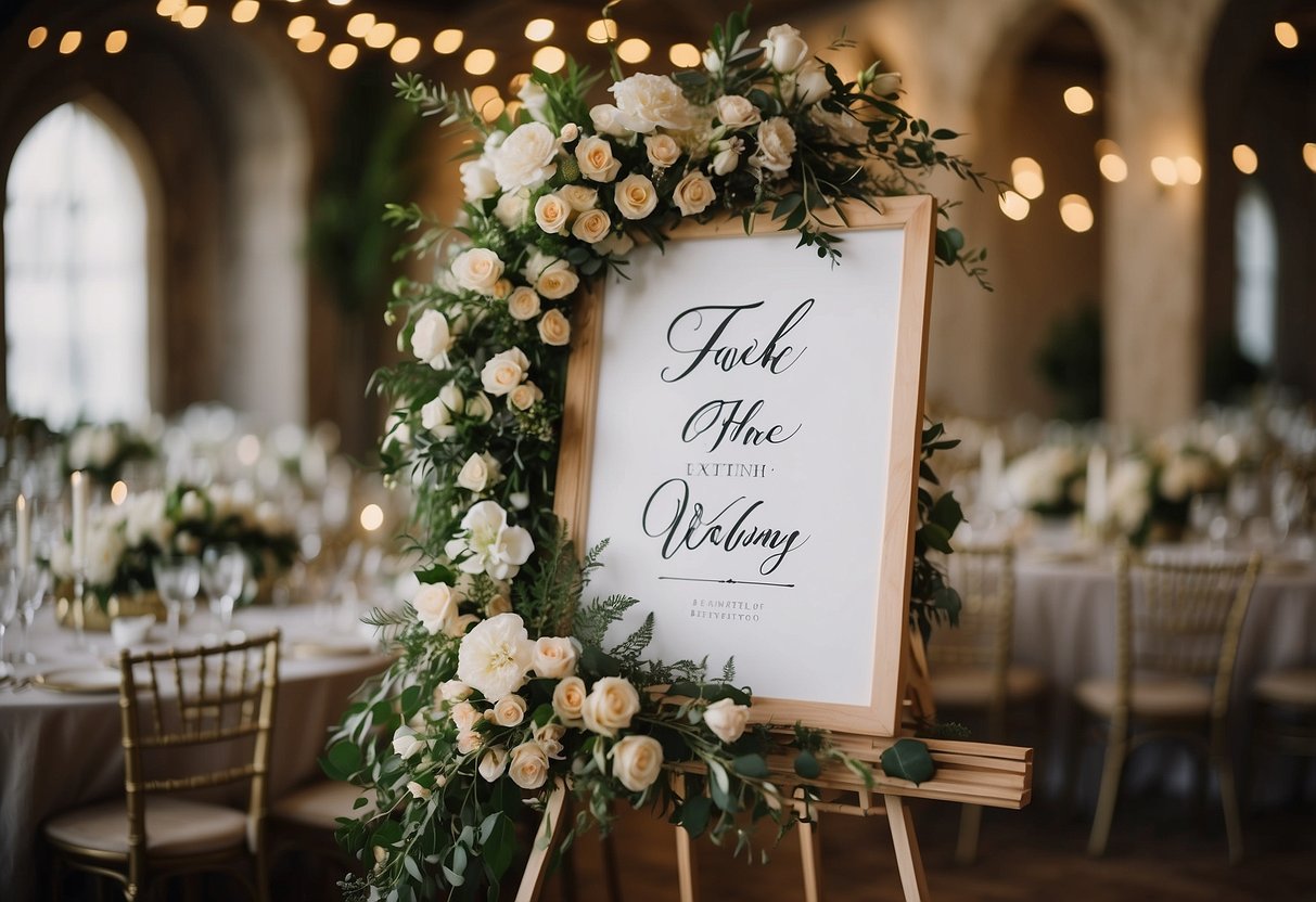 A decorative easel adorned with floral arrangements and a calligraphy sign for a wedding celebration