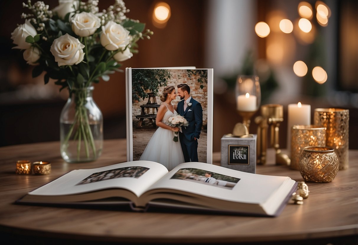 A couple's wedding photos arranged in a custom photo book, surrounded by romantic decor and symbols of 16 years together