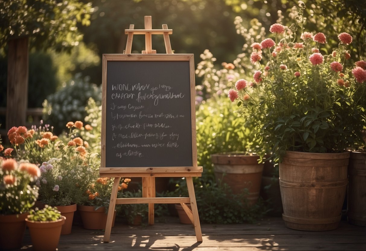 A rustic wooden easel with a chalkboard stands in a sunlit garden, adorned with delicate floral arrangements and surrounded by vintage-inspired decor