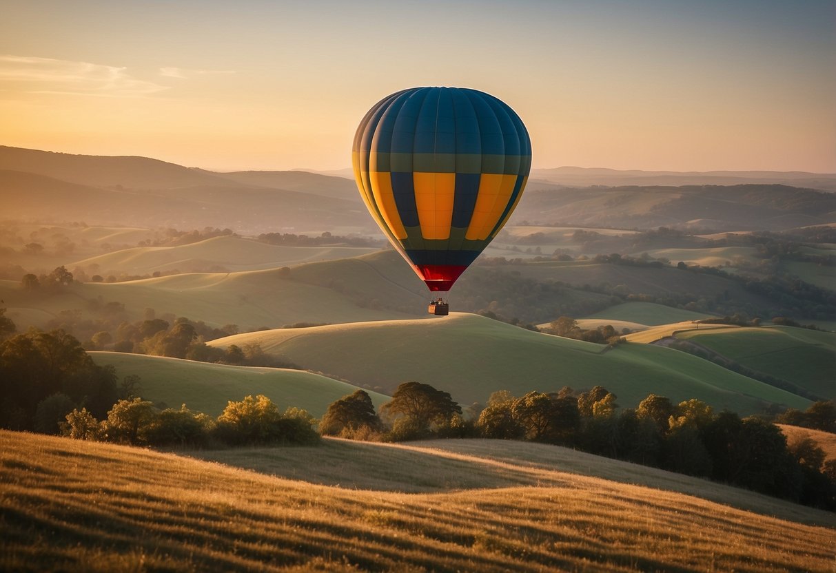 A colorful hot air balloon floats above rolling hills at sunrise, with a couple enjoying a romantic ride on their 16th wedding anniversary