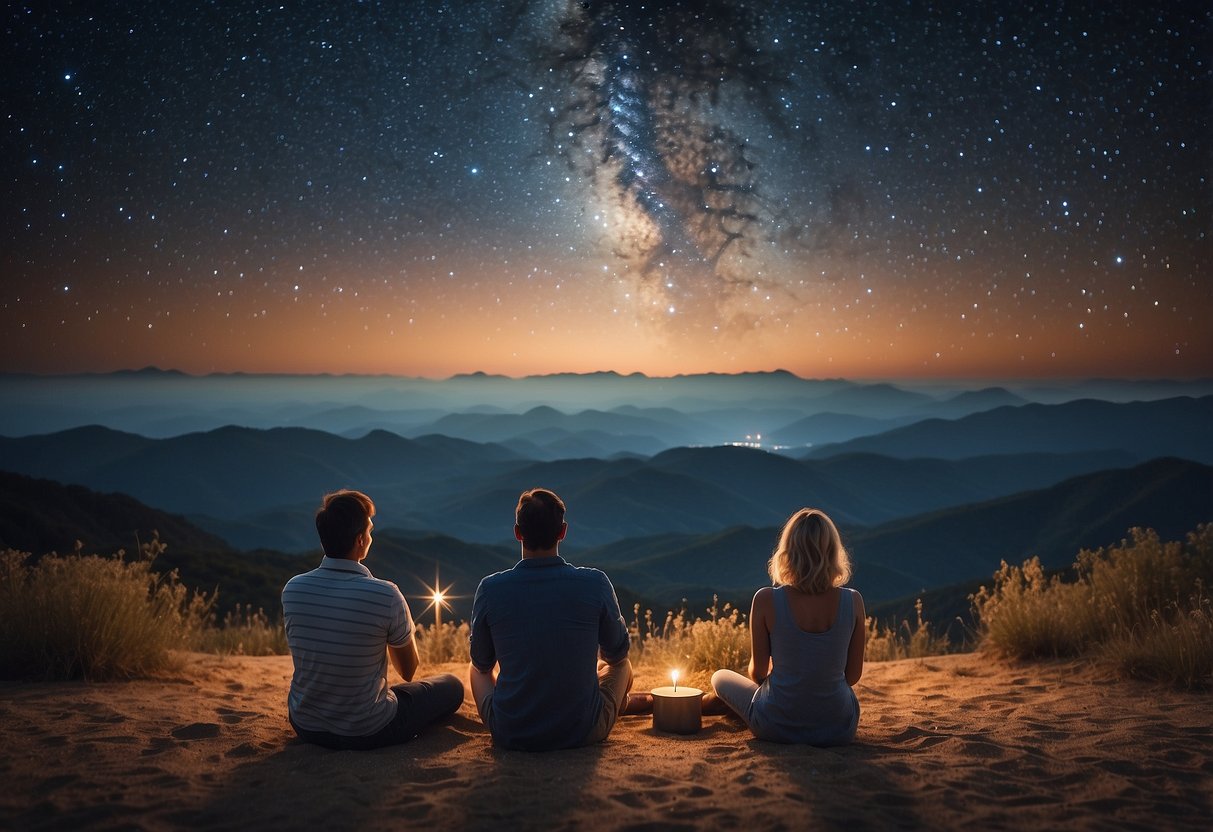 A couple sits under a starry sky, pointing to a custom star map. The map marks the date of their 13th wedding anniversary