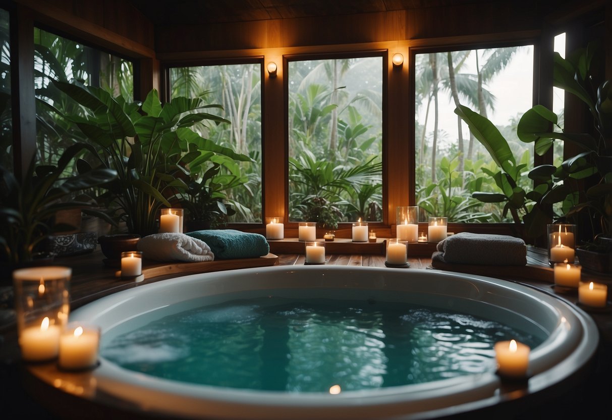 A serene spa room with plush robes, flickering candles, and a bubbling hot tub surrounded by tropical plants