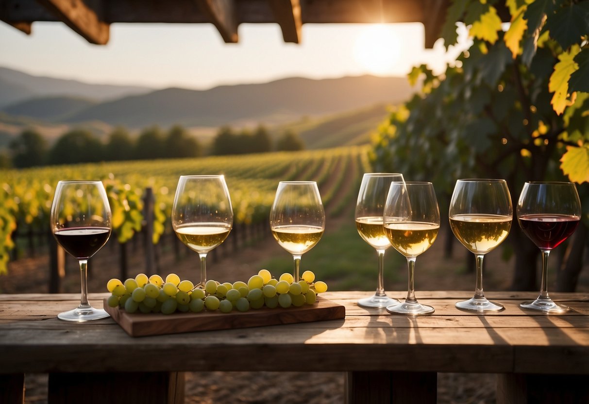 A rustic vineyard setting with rows of grapevines, a wooden tasting bar, and elegant wine glasses. The sun sets over rolling hills in the background