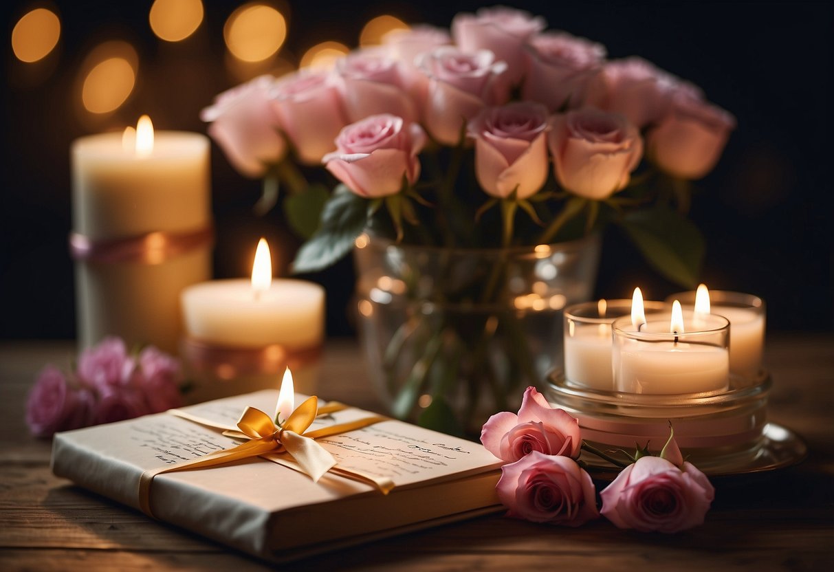 A stack of handwritten love letters tied with a ribbon, surrounded by rose petals and lit candles