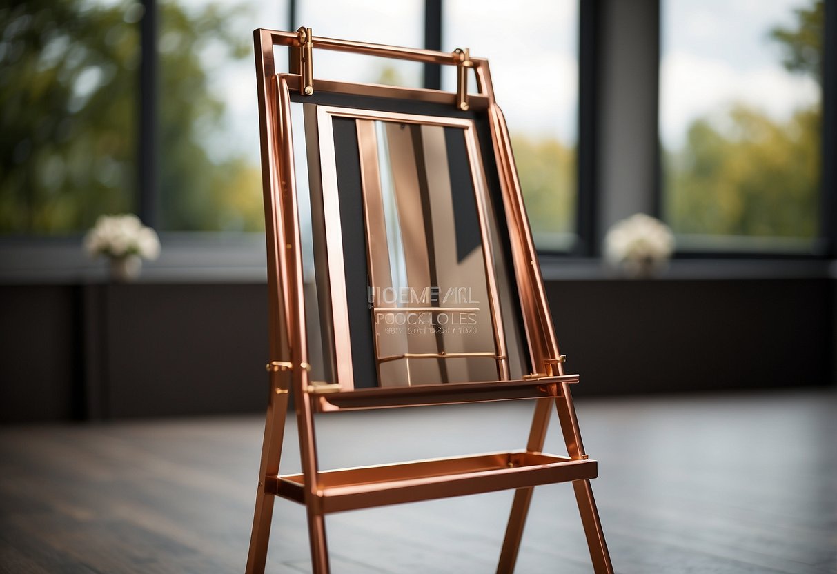 A copper stand holds a geometric wedding easel with modern design