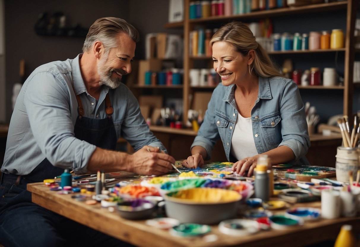 A couple sits at a table covered in art supplies, working on a DIY project together to celebrate their 16th wedding anniversary. Paint, brushes, and paper are scattered around as they create something special