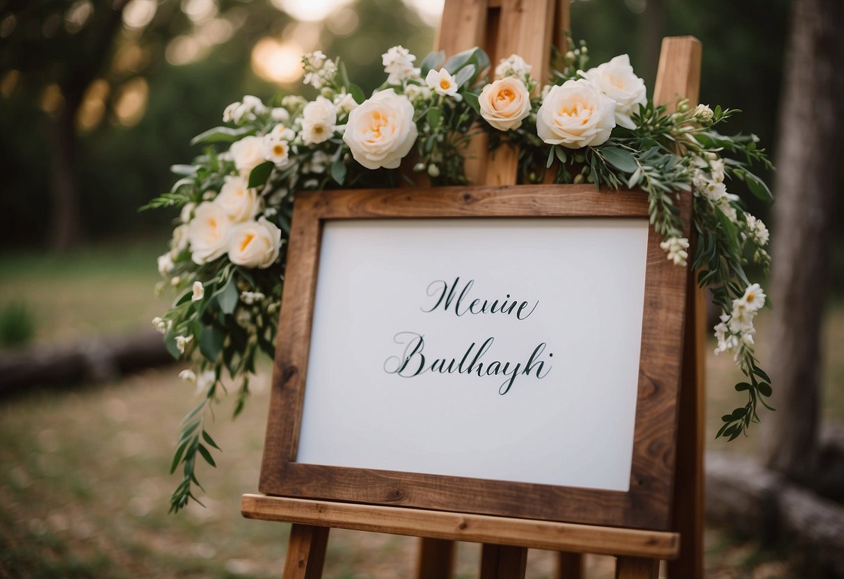 A rustic wooden easel holds a personalized acrylic wedding sign, surrounded by delicate floral arrangements and soft candlelight