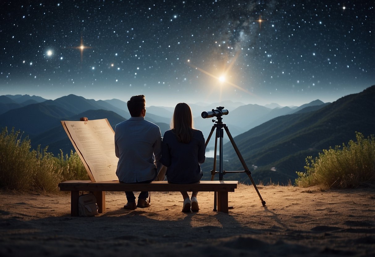 A couple sits under a starry sky, pointing to a specific star. A telescope and a certificate with their names on it are on a table