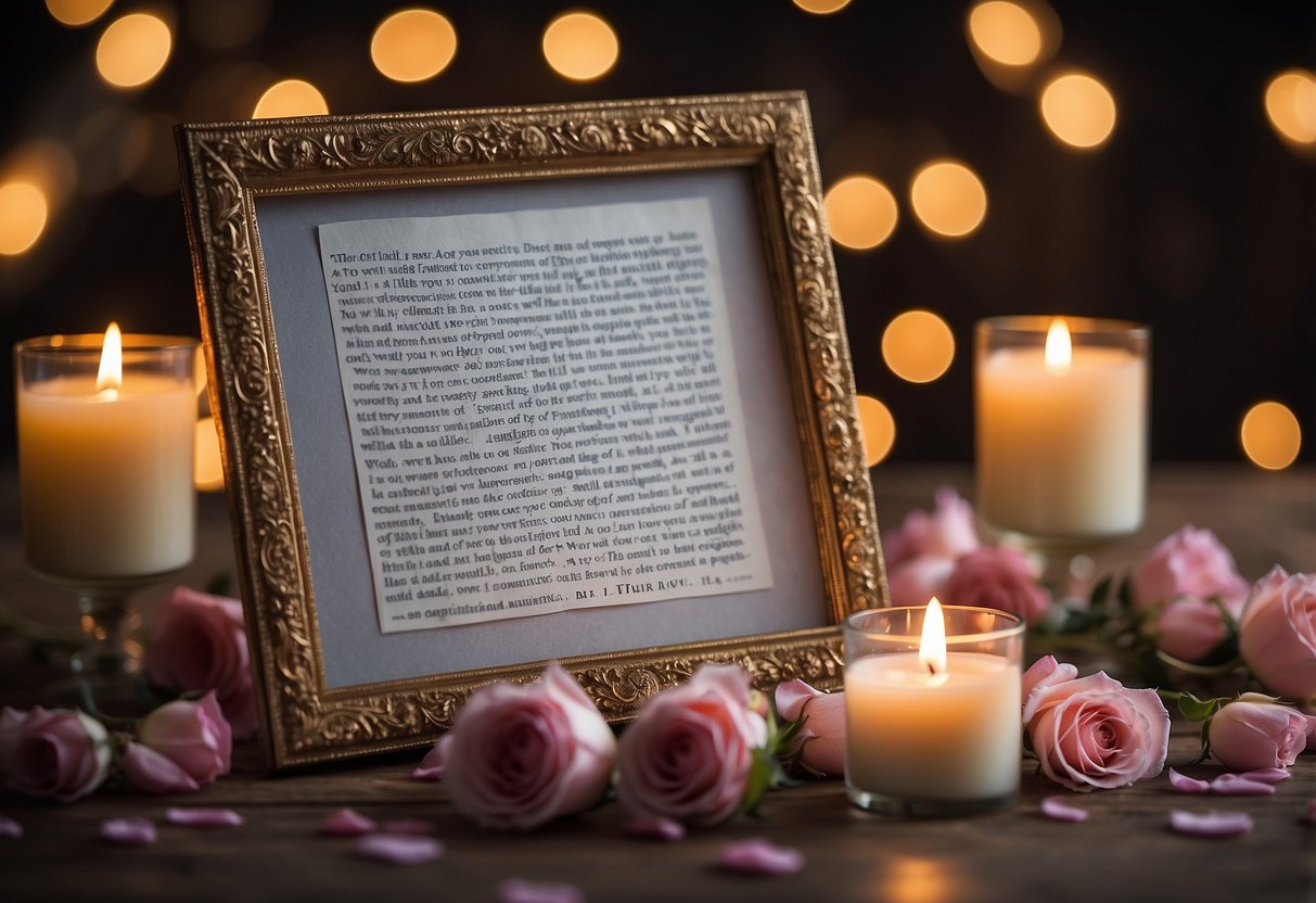 Framed lyrics hang on a wall, surrounded by rose petals and candles. A wedding photo sits nearby, marking 13 years of love and commitment