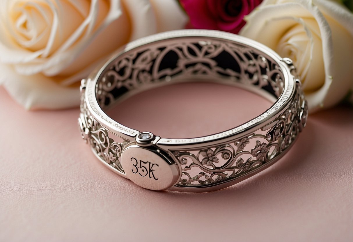 A couple's names engraved on a silver bracelet, surrounded by delicate lace and sweet 16 symbols, with a background of romantic roses and a sparkling diamond