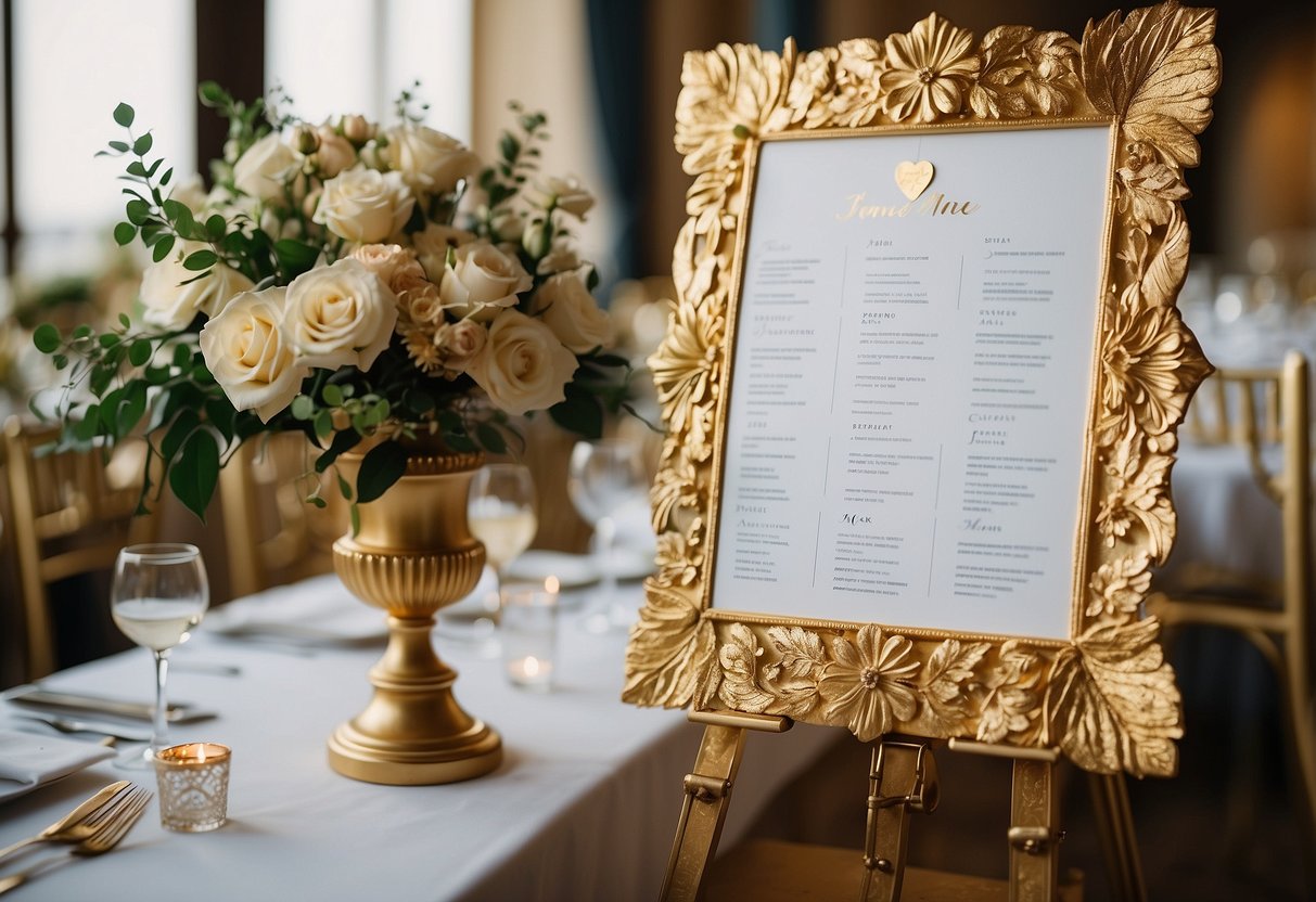 A gold leaf tabletop easel holds a wedding seating chart, adorned with delicate floral details and elegant calligraphy