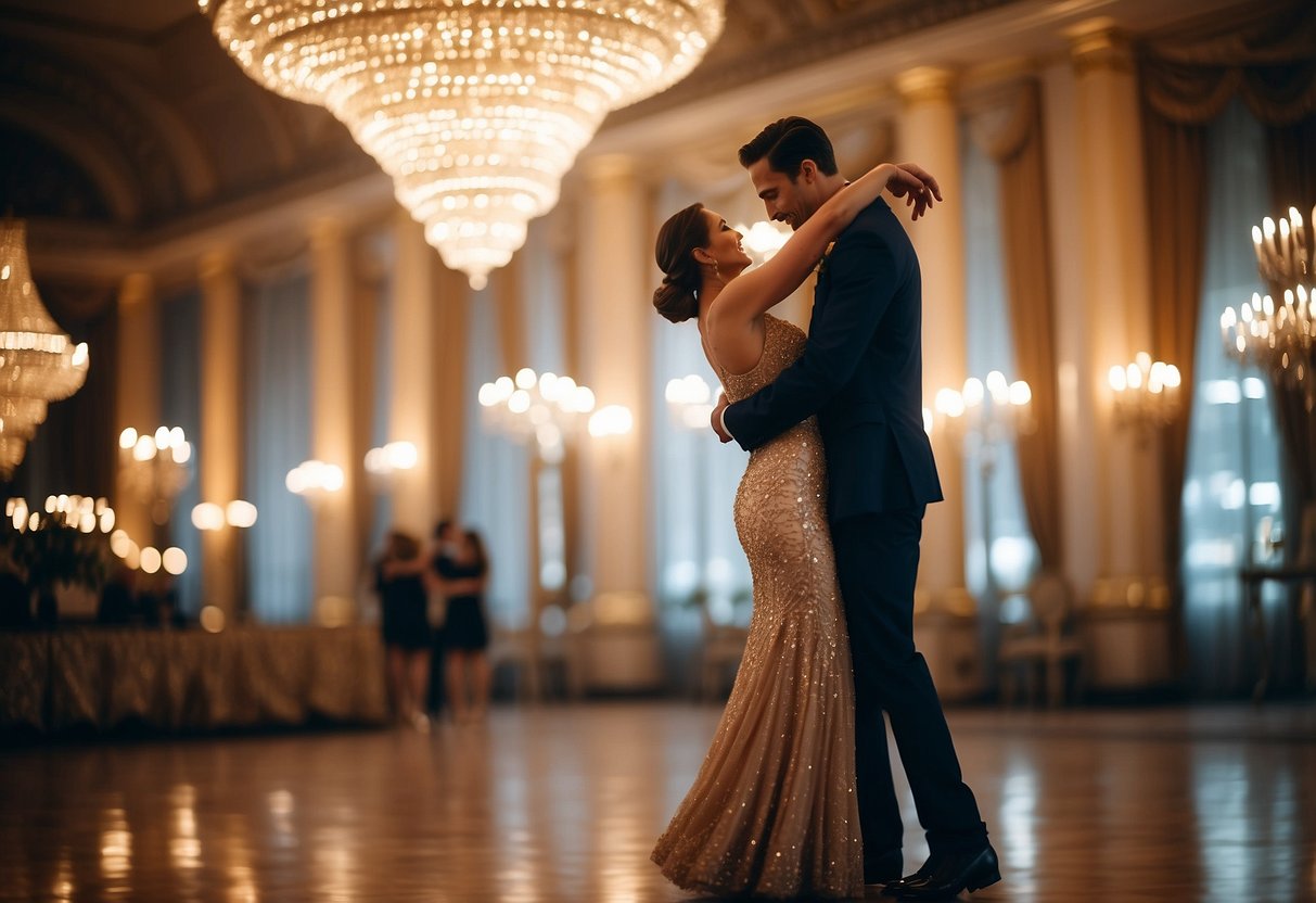 A couple gracefully waltzing in a spacious, elegant ballroom, surrounded by mirrors and soft, romantic lighting