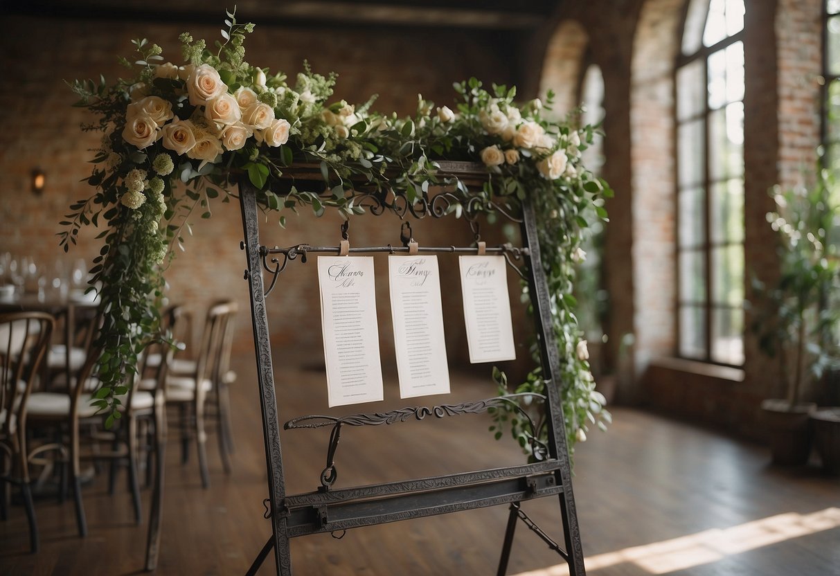 An antique iron frame wedding easel holds a calligraphy seating chart, adorned with greenery and flowers, set against a rustic backdrop