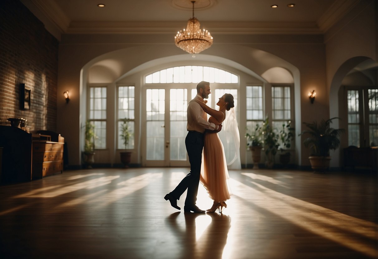 A couple dances in a private studio, surrounded by soft lighting and elegant décor, as they celebrate their 13th wedding anniversary with a special dance lesson