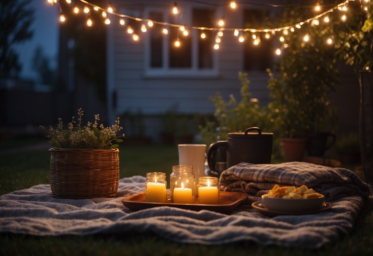 A cozy backyard with a large screen, string lights, and blankets. A couple's silhouette sits on a picnic blanket surrounded by glowing candles and snacks