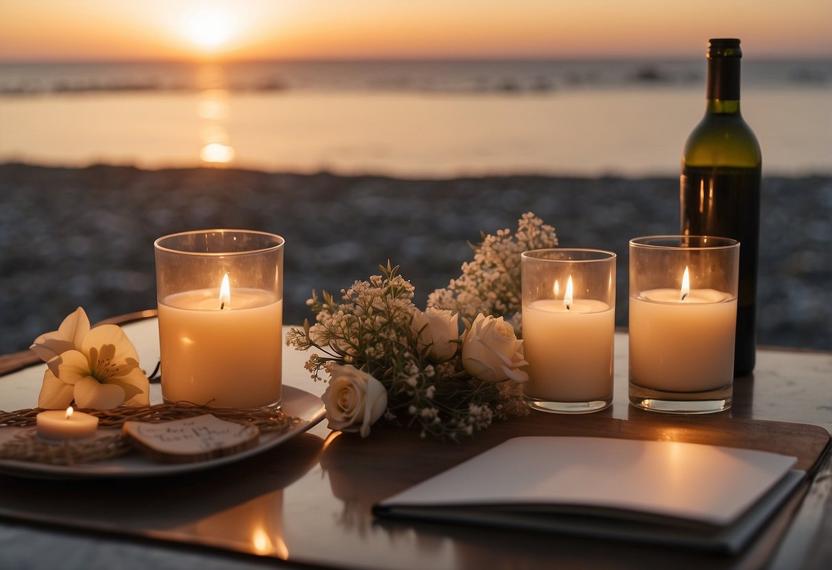 A cozy table set with candles and flowers, overlooking a sunset beach. Two wine glasses sit next to a photo album and a small gift