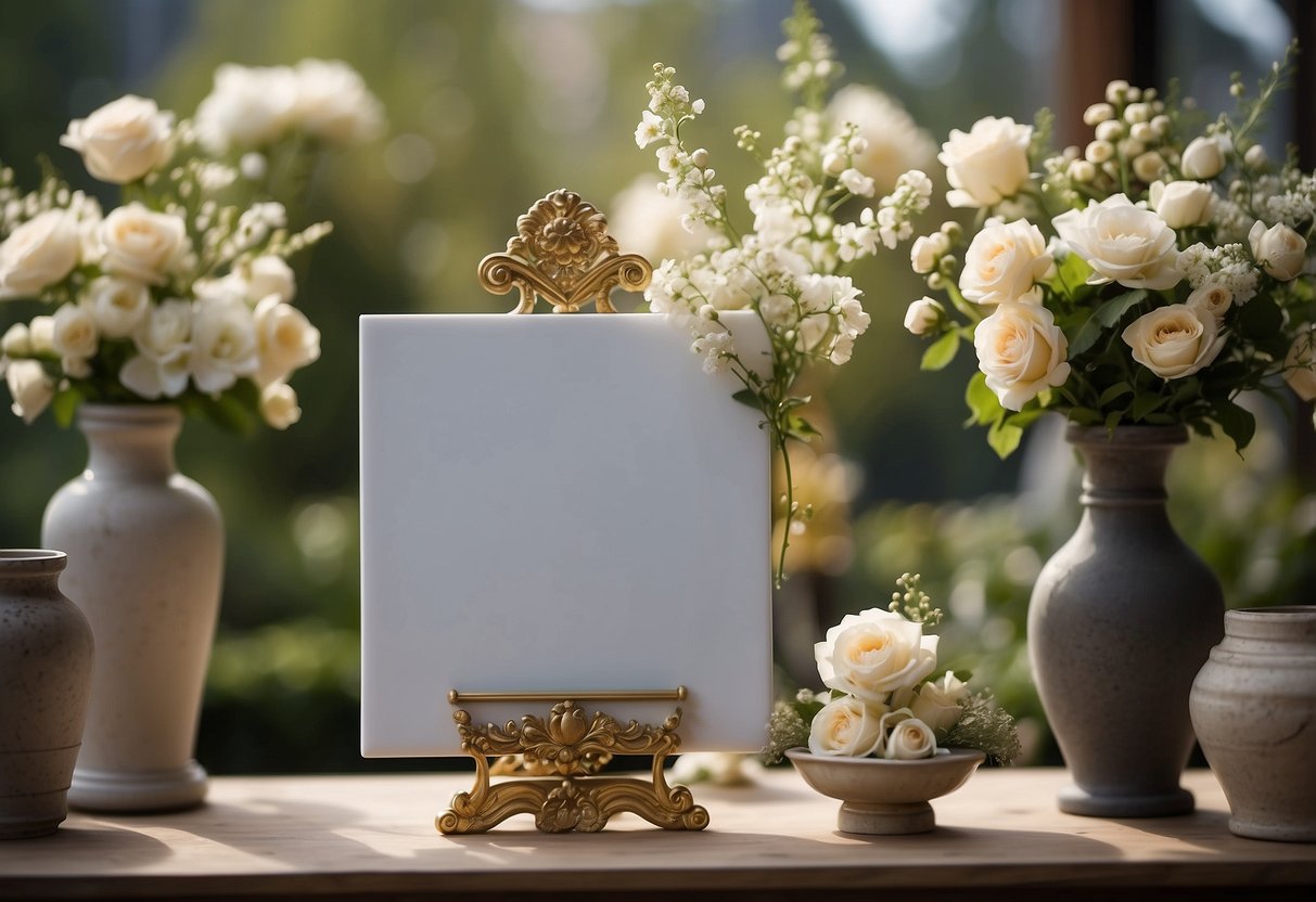 A marble base metal easel stands tall, adorned with delicate wedding decor, ready to display a beautiful sign or painting