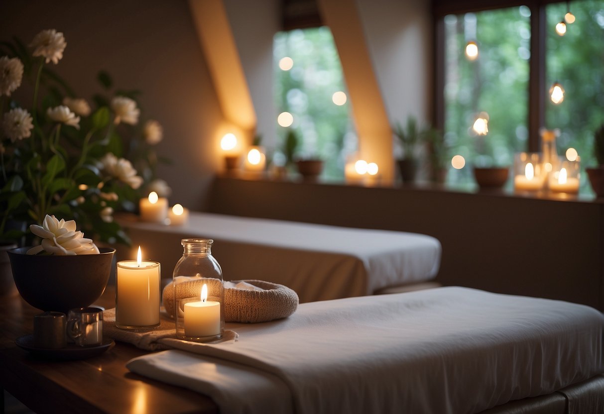 A tranquil spa room with two massage tables, soft lighting, and soothing music. Aromatherapy scents fill the air, creating a relaxing atmosphere for a couples' massage