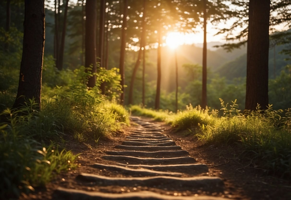 A couple's footprints on a winding path, leading to a heart-shaped clearing in a lush forest. The sun sets behind a mountain, casting a warm glow over the scene