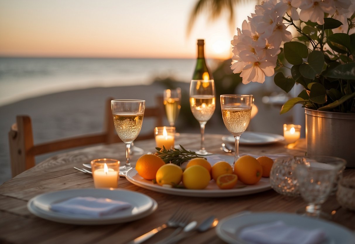 A romantic dinner by the beach with a sunset backdrop, a table set with candles and flowers, and a bottle of champagne chilling in an ice bucket