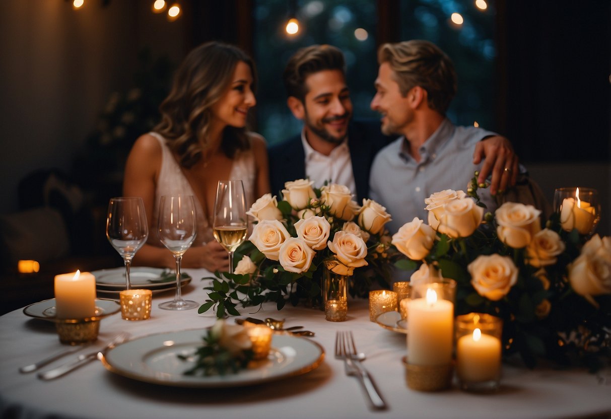 A couple sits at a candlelit table, surrounded by photos from their wedding day. A bottle of champagne and a bouquet of roses are on the table, as they toast to 13 years of love and commitment