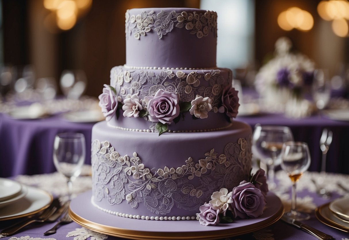 A tiered purple wedding cake adorned with cascading flowers and intricate lace details