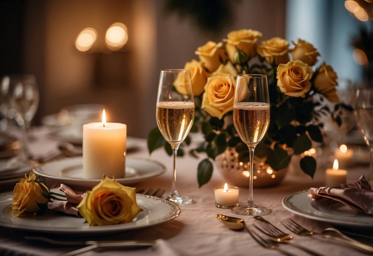 A table set with elegant dinnerware, a bouquet of roses, and two champagne flutes. A candlelit room with soft music playing in the background