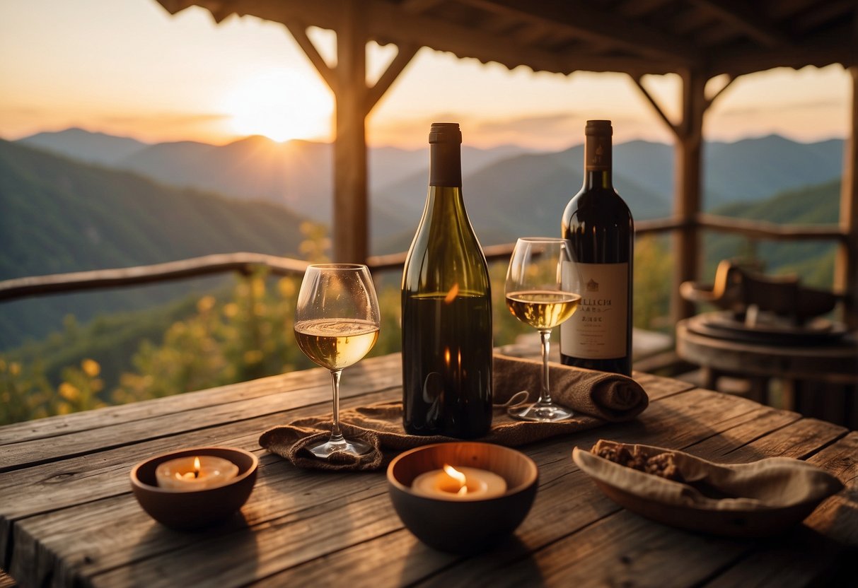 A cozy cabin nestled in the mountains, with a crackling fire, a bottle of wine, and a breathtaking view of the sunset over the horizon