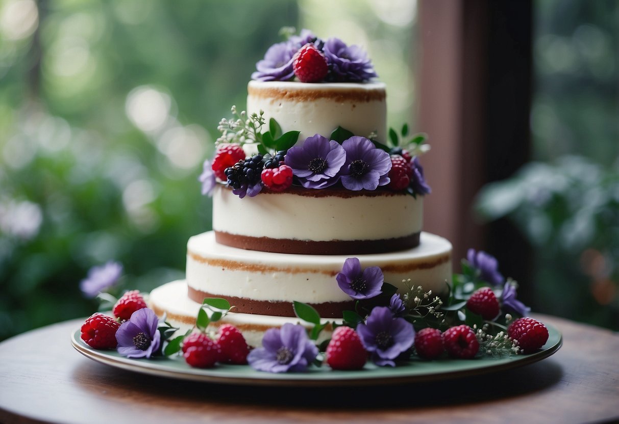 A three-tiered wedding cake adorned with cascading berry-purple flowers and greenery